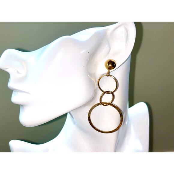 Elegant Gold Tone Hammered Triple Hoop Dangle Earrings - Picture 2 of 5